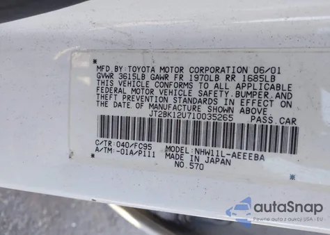 2001 Toyota Prius z USA, uszkodzony, nr VIN JT2BK12U710035265